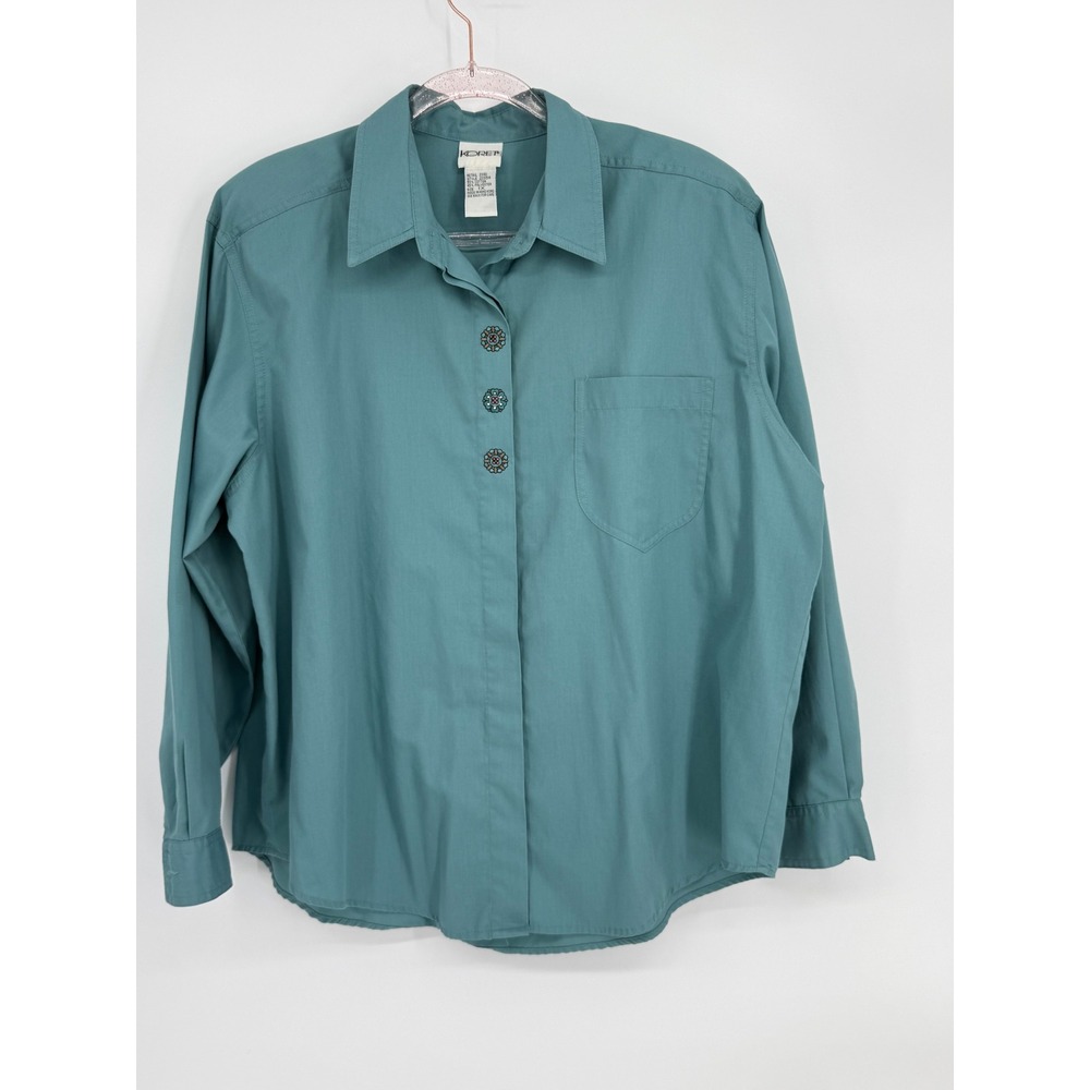 Koret Womens Plus 1X Teal Green Long Sleeve Button Up Shirt Filigree Buttons